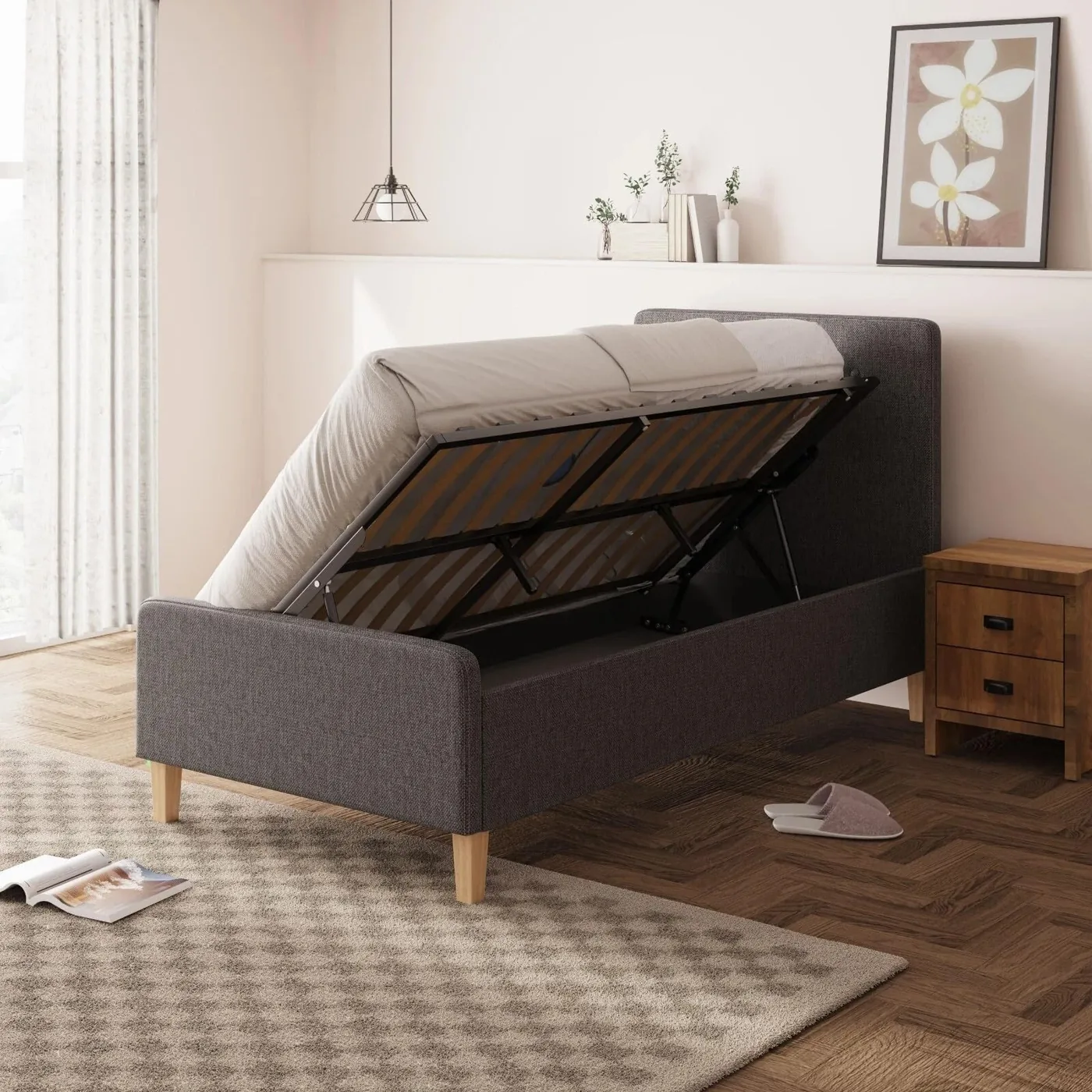 GFW Ashbourne 3ft Ottoman Bed, Dark Grey