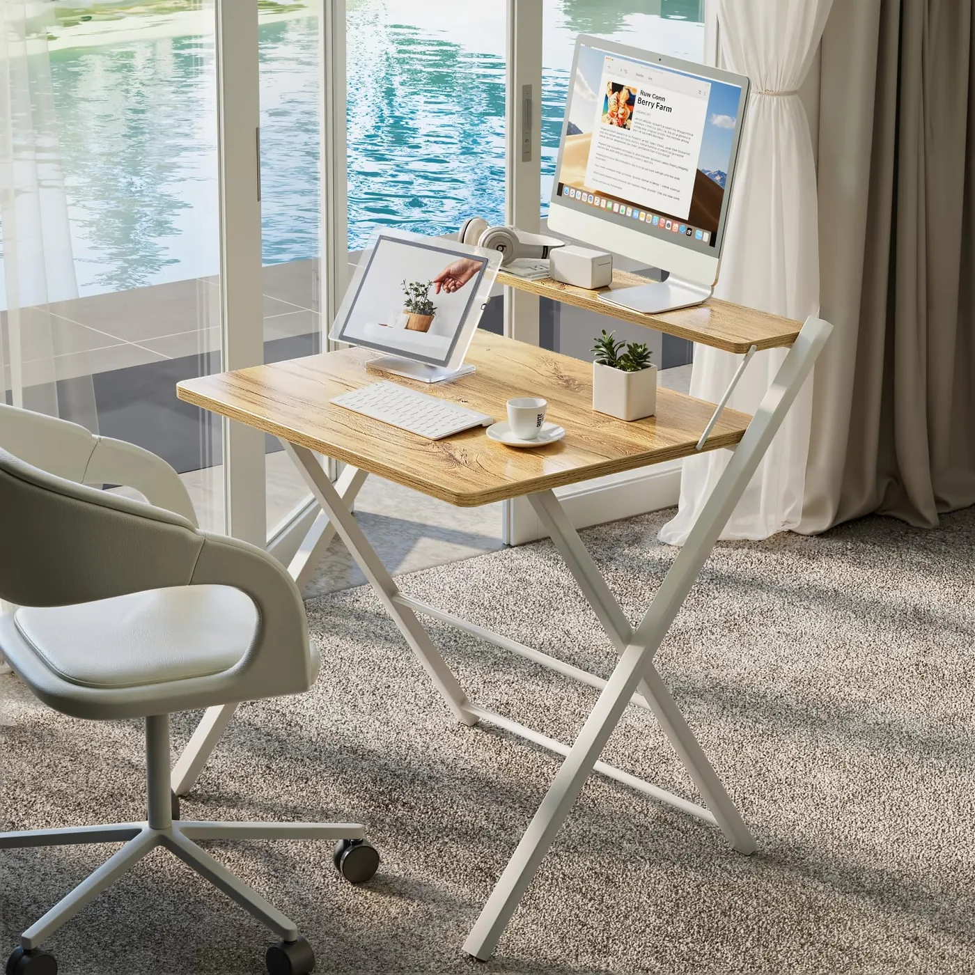 GreenForest Escritorio Plegable con Estante para Monitor, imagen 2