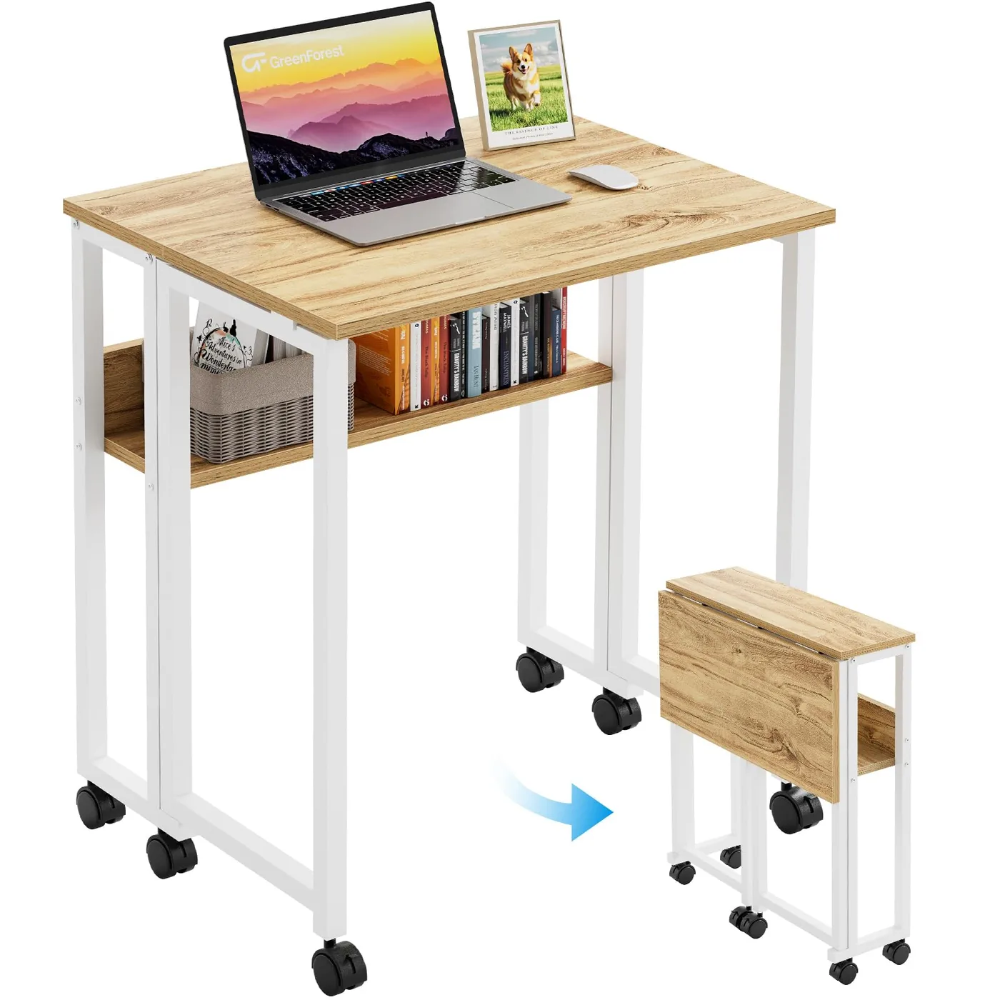 GreenForest Folding Desk 63 cm with Shelf and Wheels