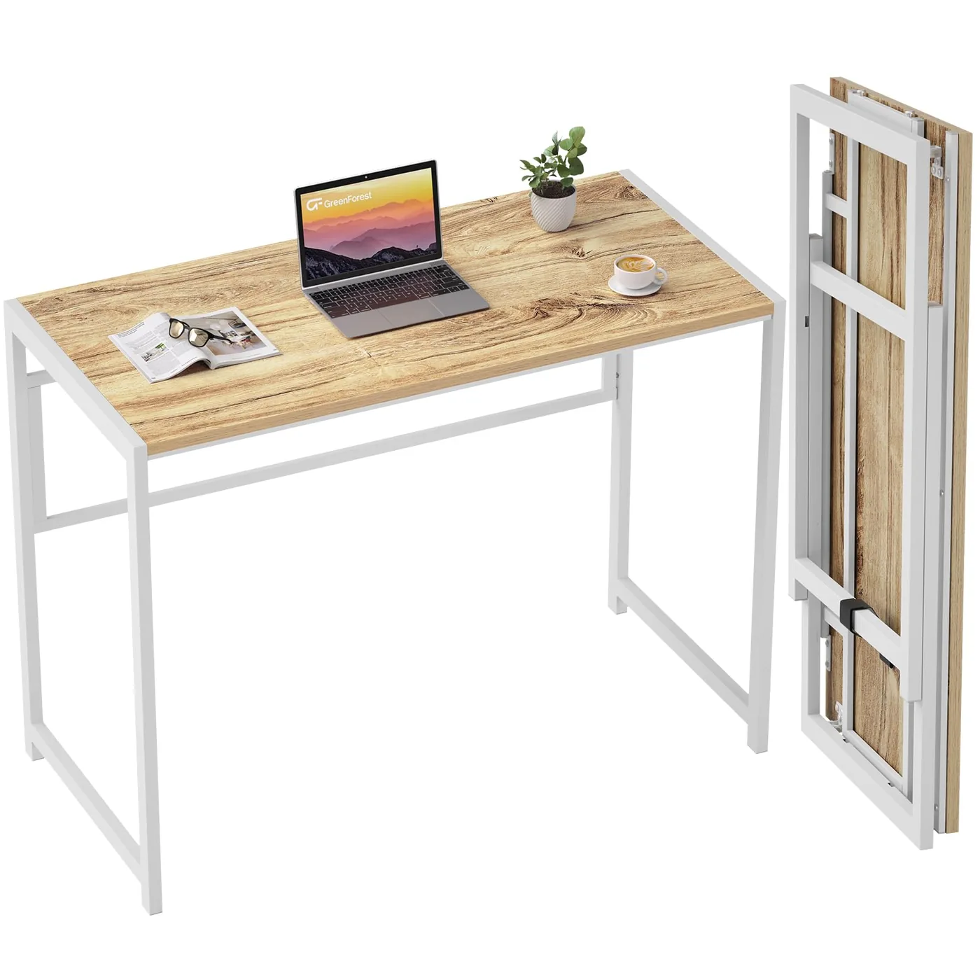 GreenForest - Small Space Folding Desk, 90cm Computer Desk, No Assembly, Home Office, Space Saving Desk for Office Study, White Oak