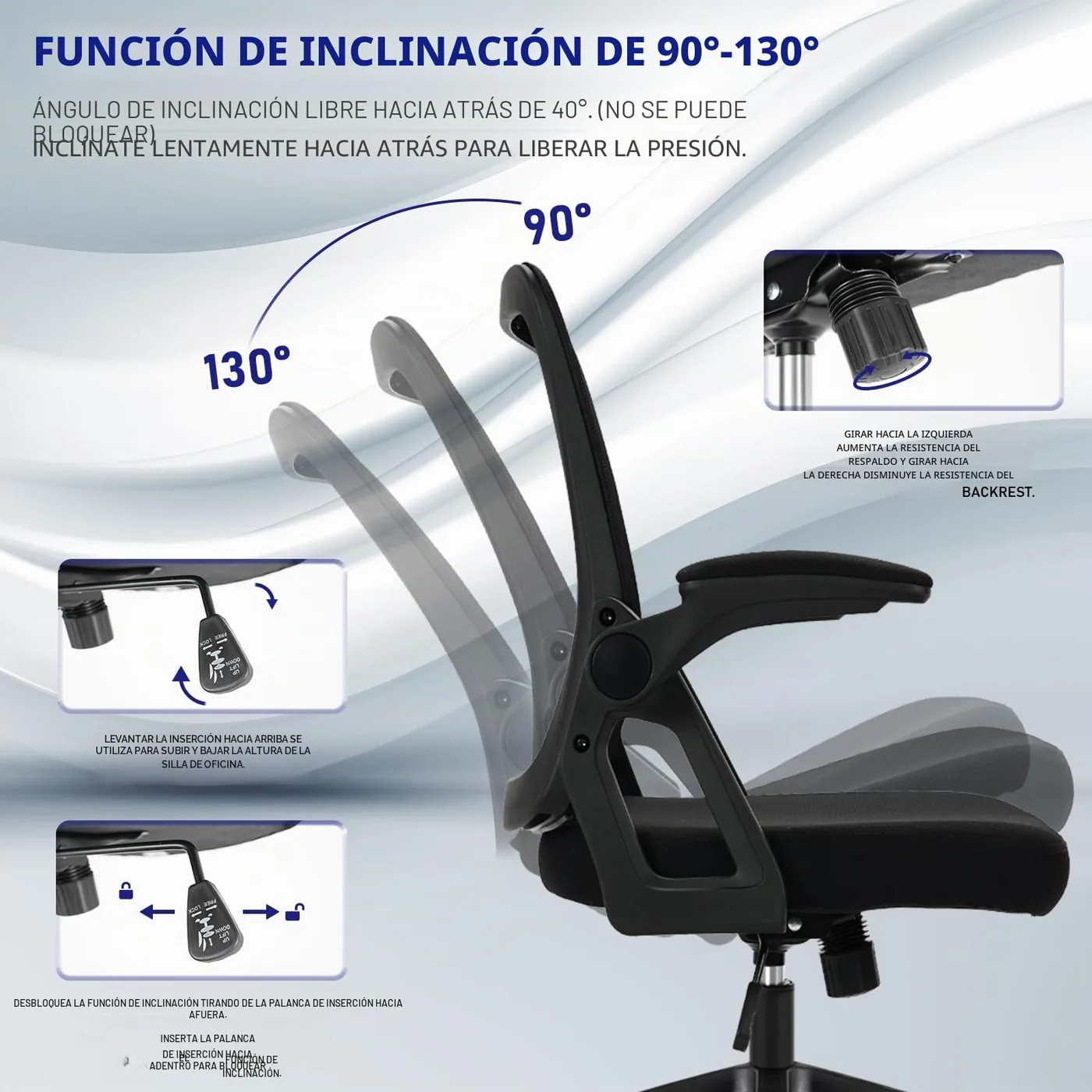 Milacyee Silla de Oficina con Reposabrazos Plegables 90°, imagen 5