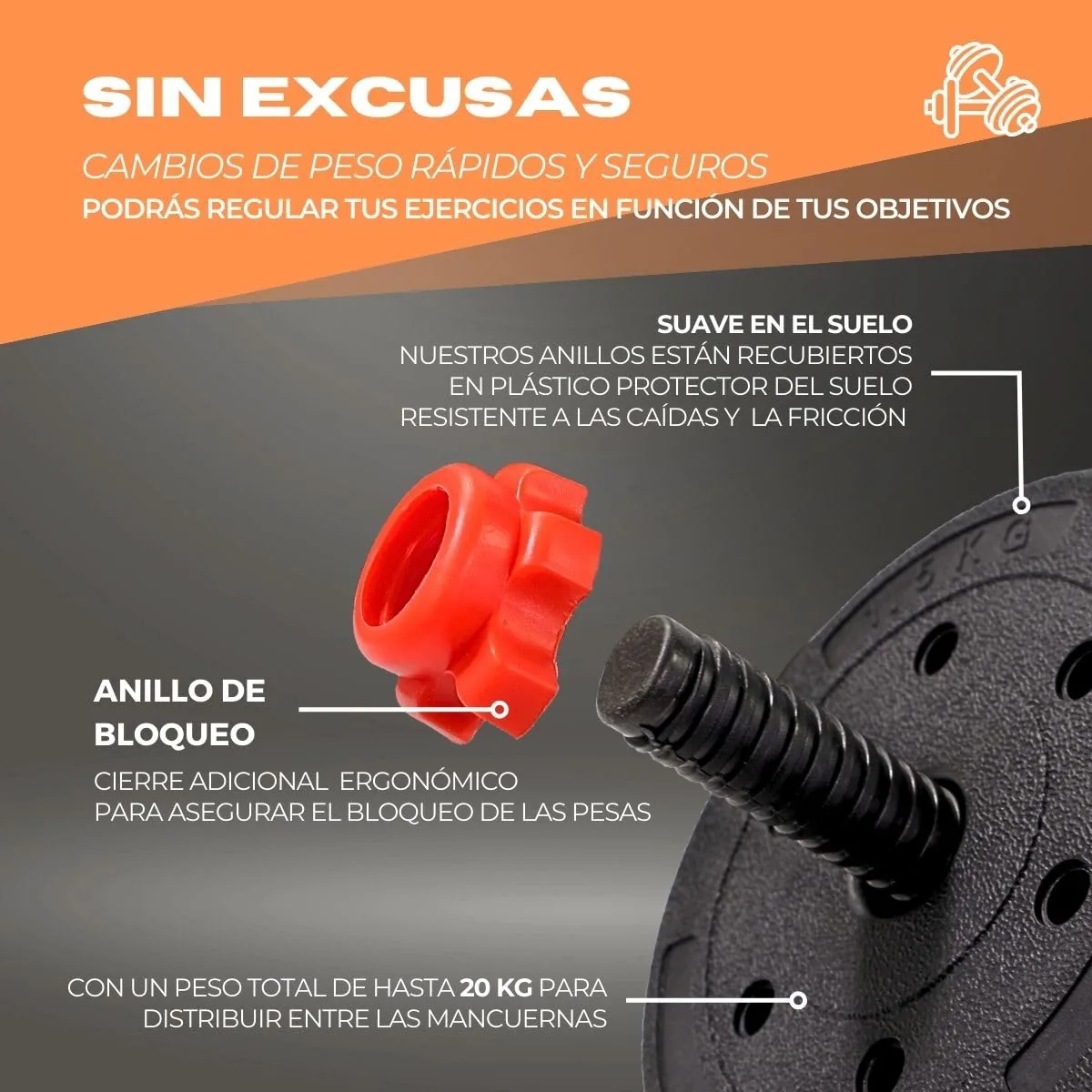 Mobiclinic ExtenFit Mancuernas Ajustables 2 en 1, 20 kg, imagen 5