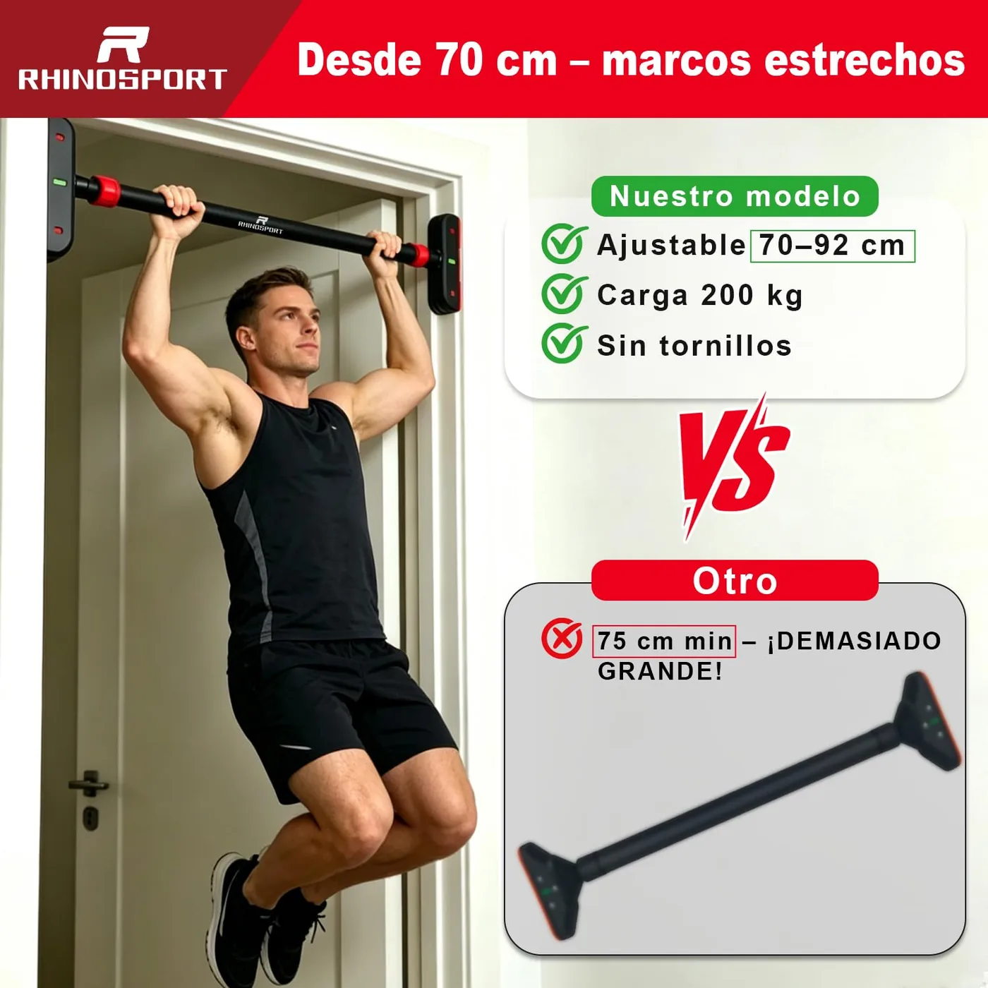 RHINOSPORT Barra de Dominadas de Puerta sin Tornillos, imagen 2
