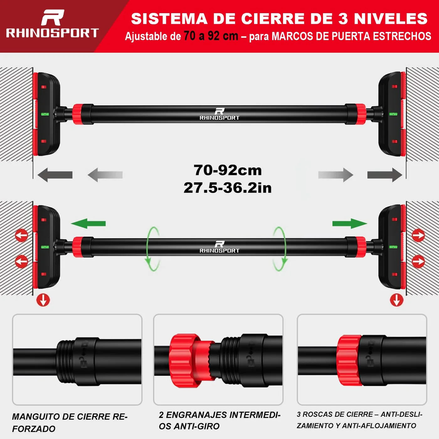 RHINOSPORT Barra de Dominadas de Puerta sin Tornillos, imagen 4