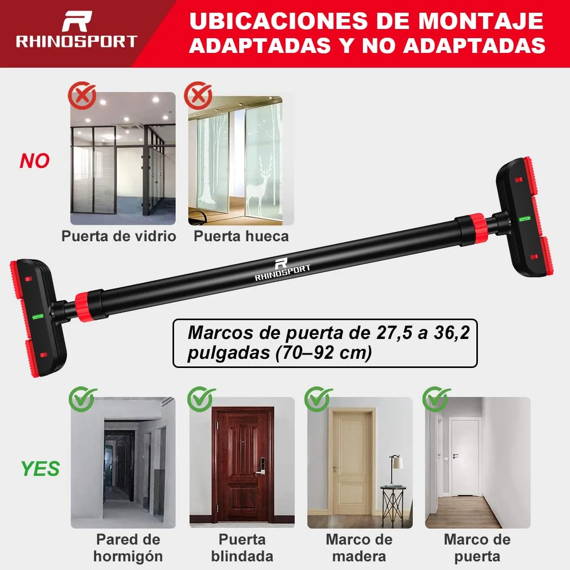 RHINOSPORT Barra de Dominadas de Puerta sin Tornillos, imagen 6