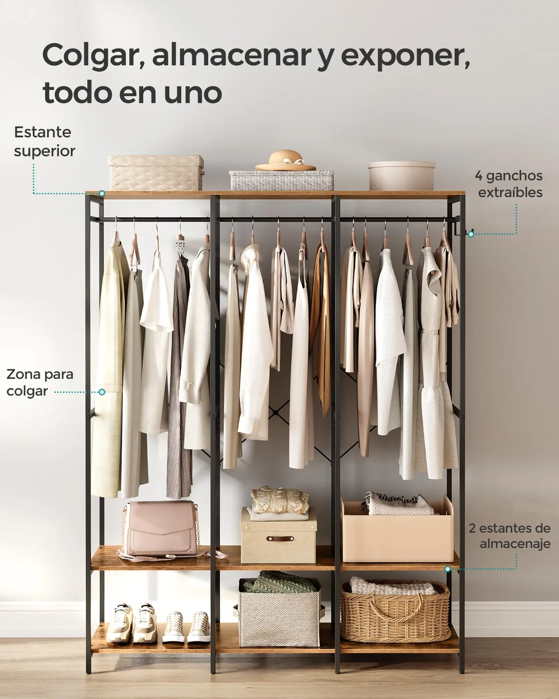 SONGMICS Armario Abierto con Barras de Colgar 141 cm RGR005B01, imagen 4