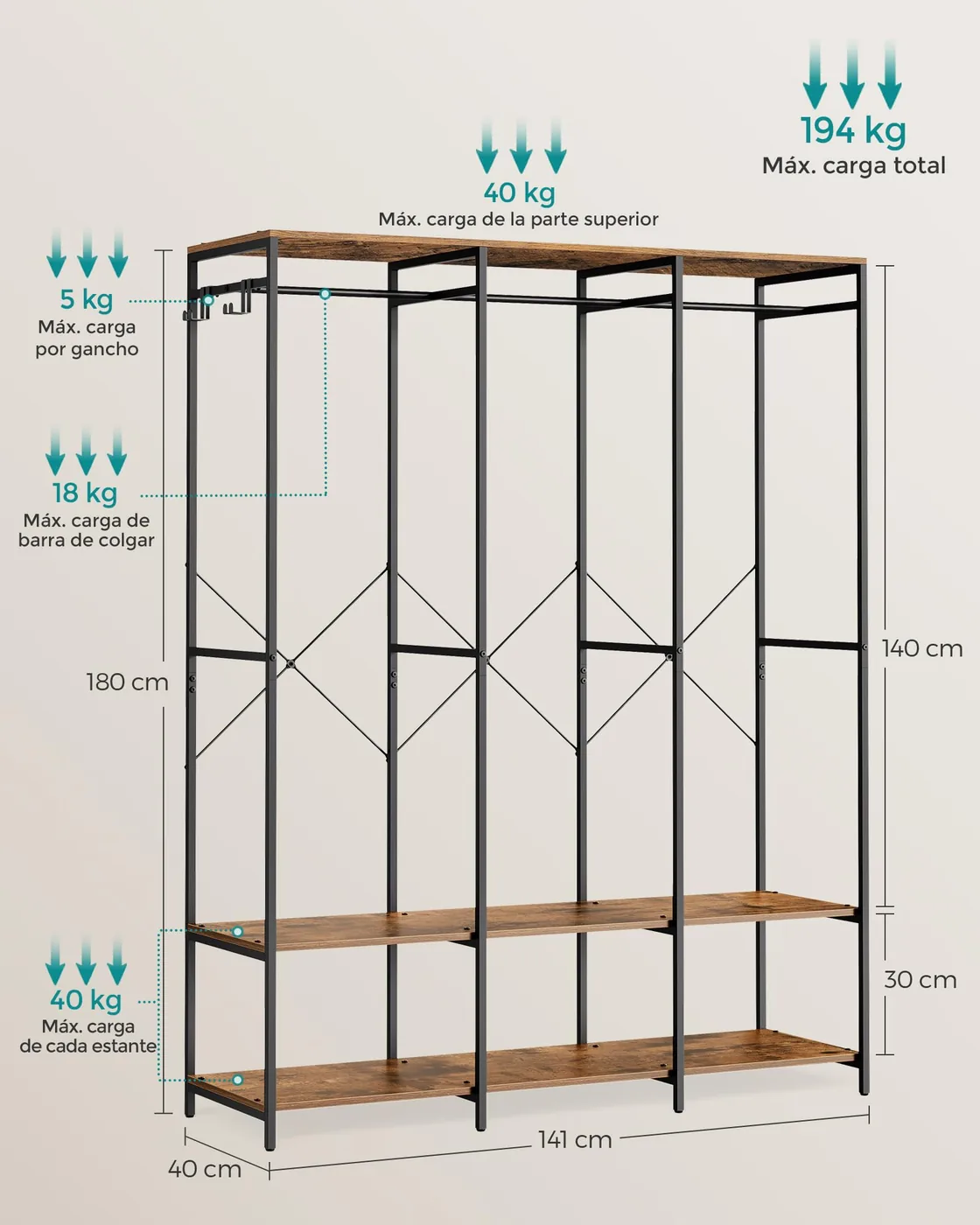 SONGMICS Armario Abierto con Barras de Colgar 141 cm RGR005B01, imagen 6