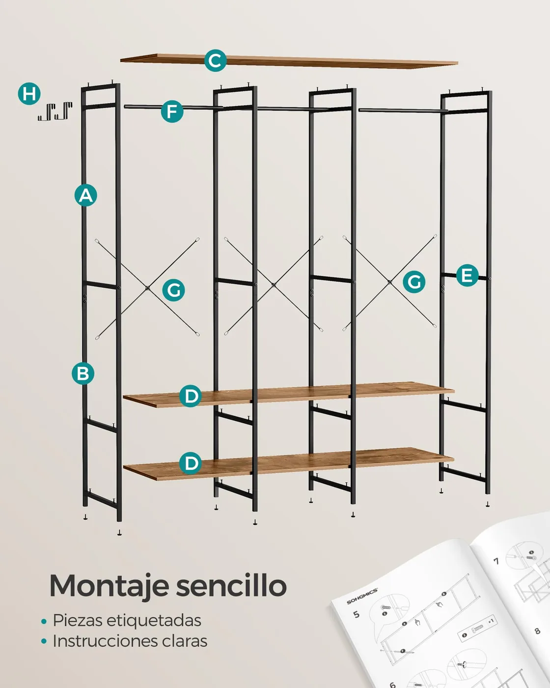 SONGMICS Armario Abierto con Barras de Colgar 141 cm RGR005B01, imagen 7